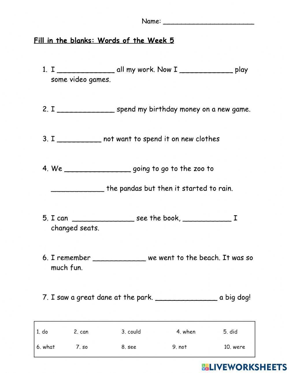 WOW - 10 Words - List 5 - Fill in the Blank