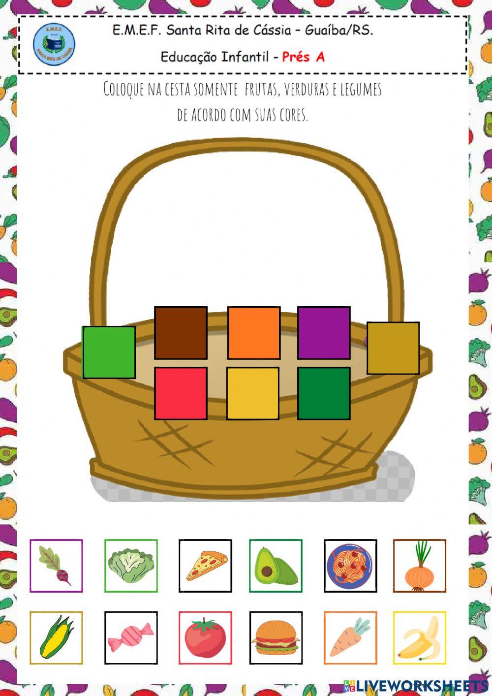 Coloque na cesta somente  frutas, verduras e legumes de acordo com suas cores.