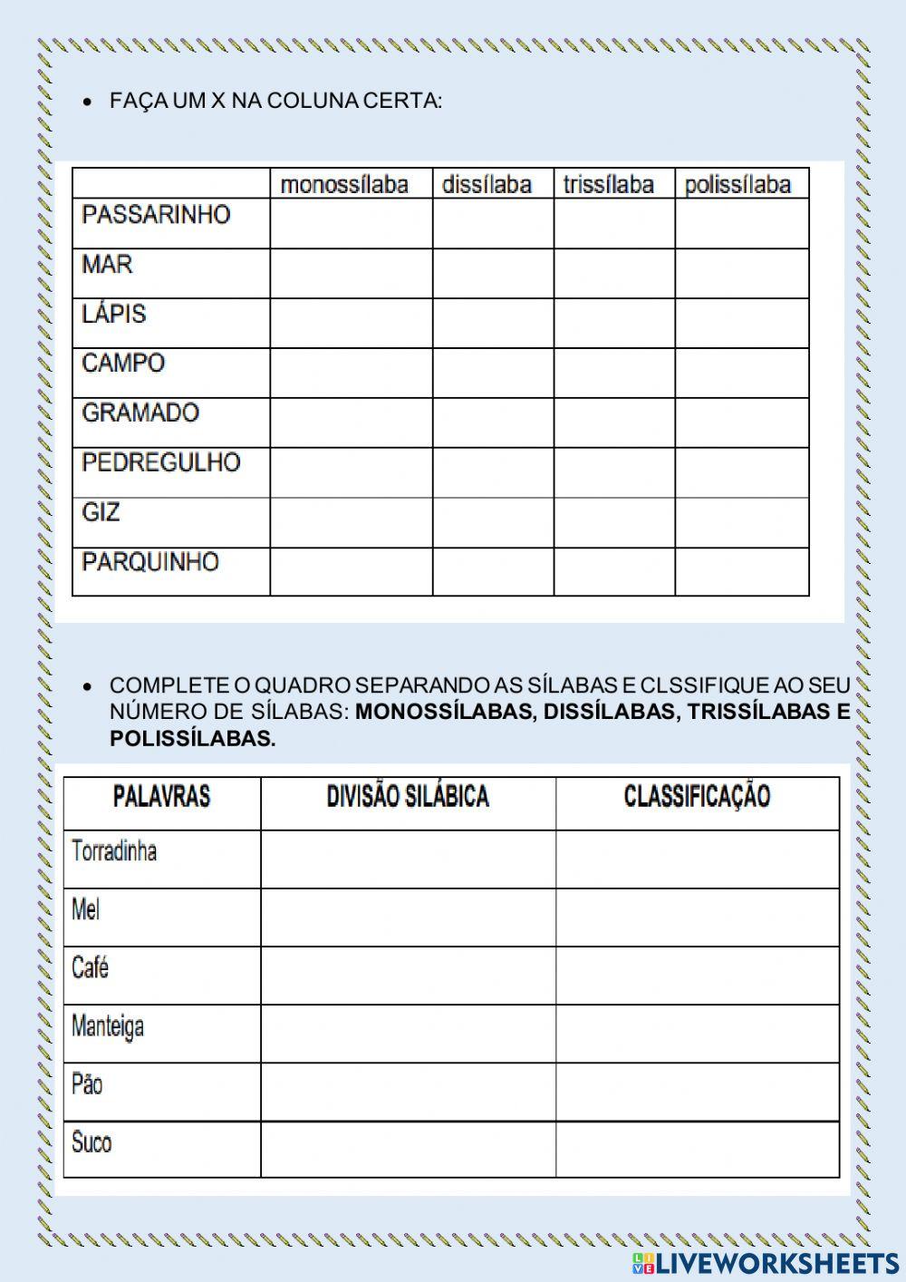 Classificação das palavras quanto ao número de sílaba