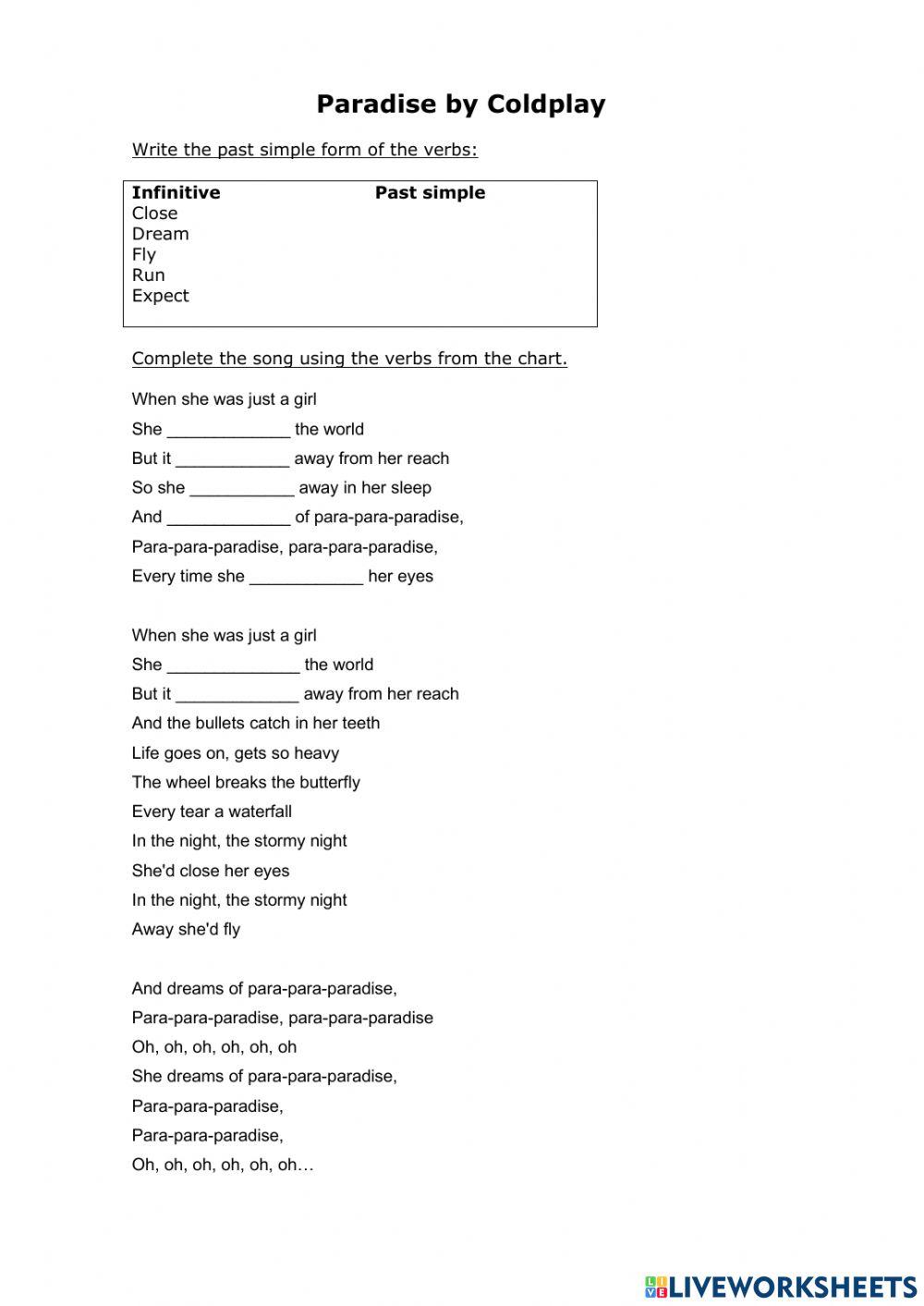 Coldplay Paradise Lyrics - ESL worksheet by isabelaaadias