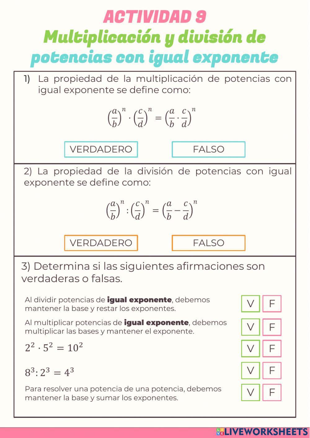 ACTIVIDAD 9 - Multiplicación y división de potencias con igual exponente