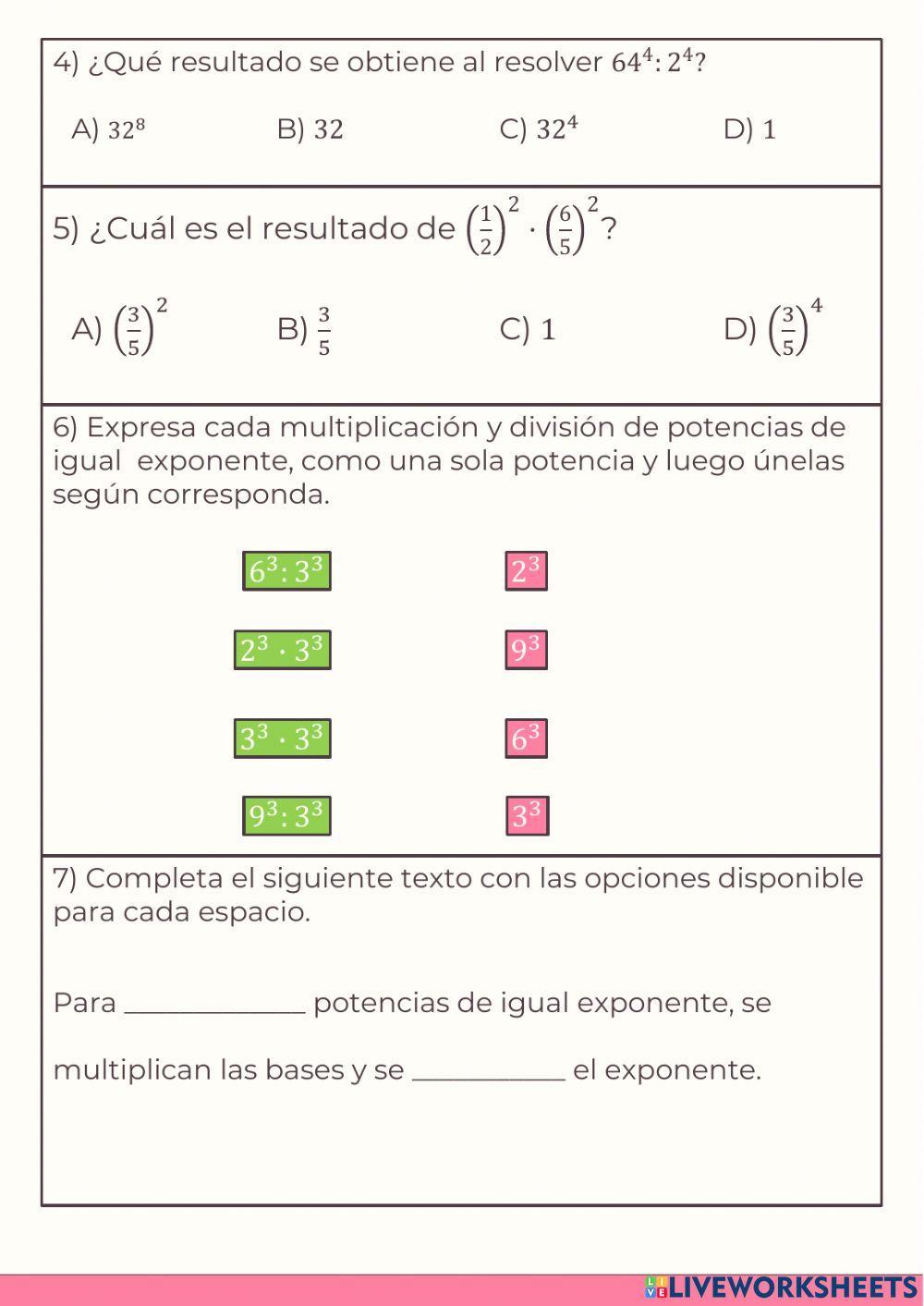 ACTIVIDAD 9 - Multiplicación y división de potencias con igual exponente