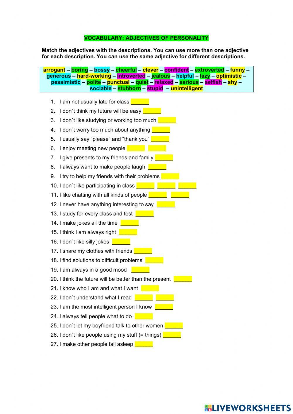 Personality adjectives