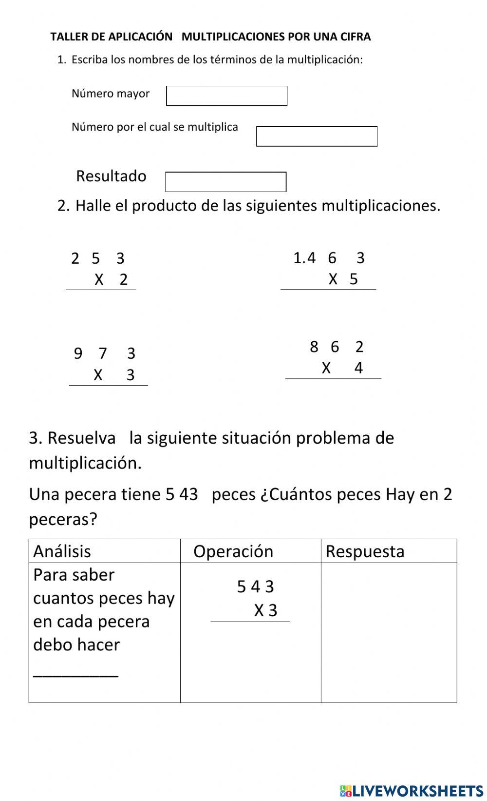 Multiplicaciòn por una cifra , tèrminos