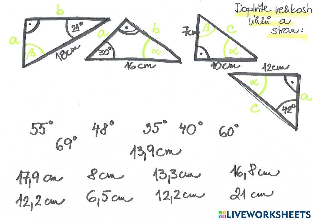 Velikosti stran a úhlů v pravoúhlém trojúhelníku