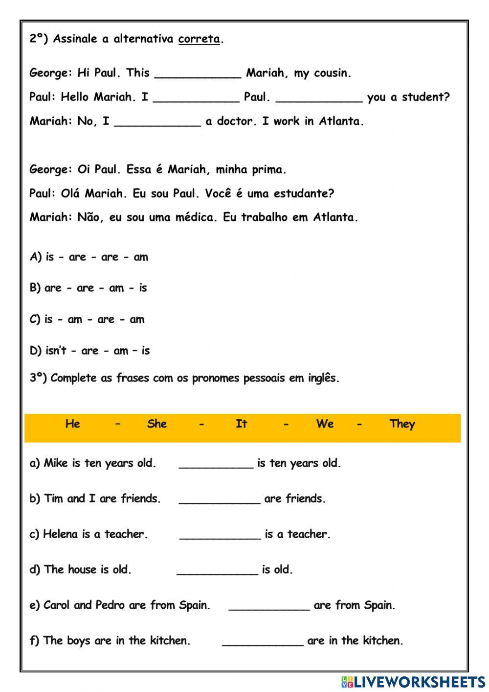 Atividade escrita e auditiva de Inglês