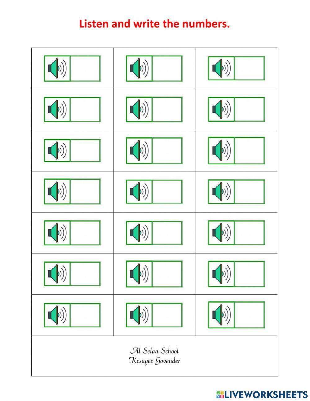 Listen and write the numbers - 0 to 20