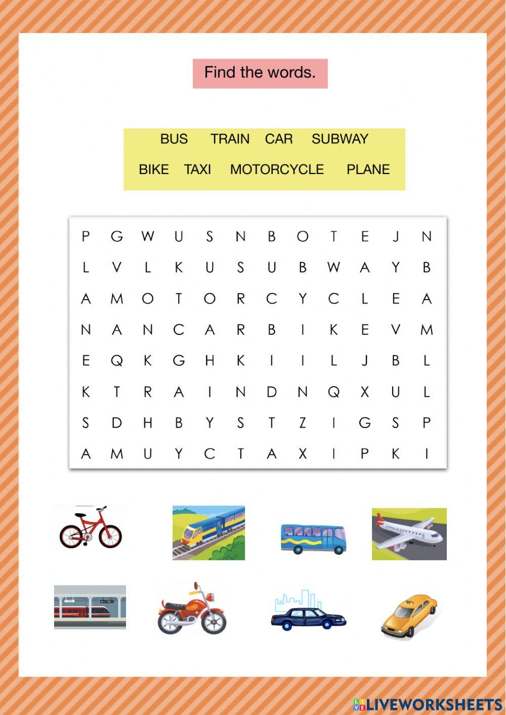 Means of transportation - wordsearch
