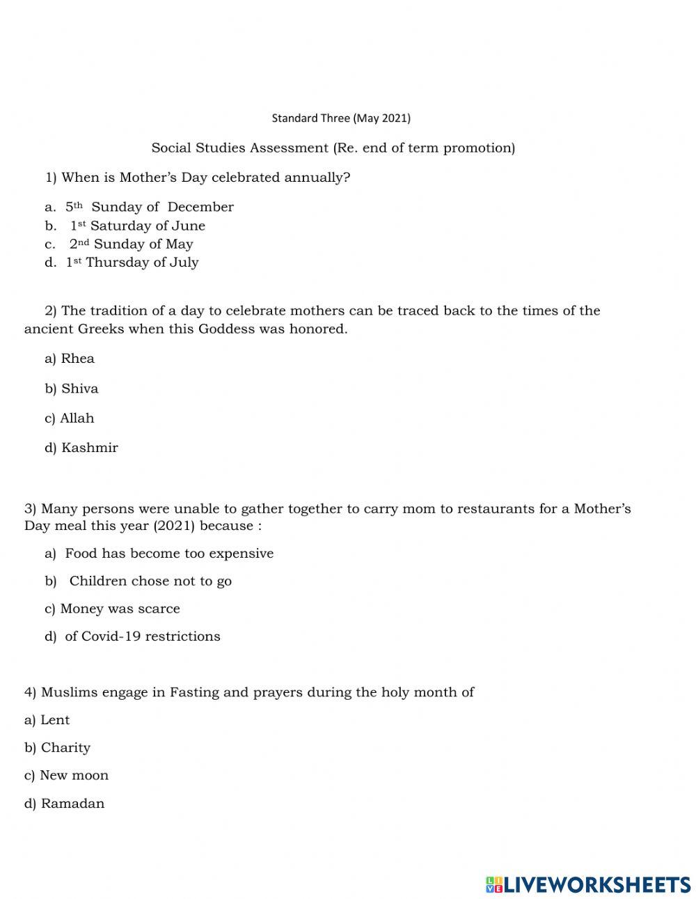 Social Studies Assessment online worksheet Live Worksheets