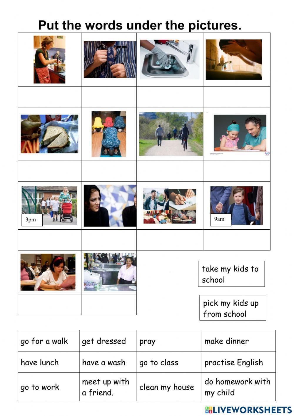 Daily routine. Matching words and pictures.