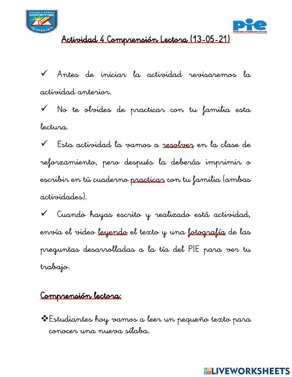 Actividad 4 comprensión lectora 2 básicos