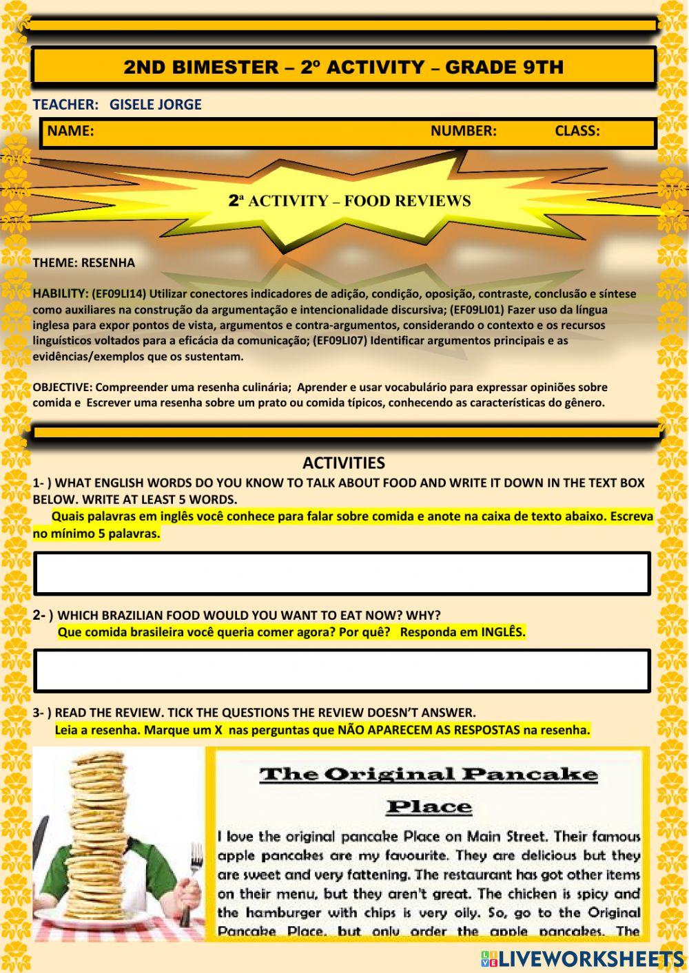 2nd BIMESTER - 2ª ACTIVITY – FOOD REVIEWS - GRADE 9th