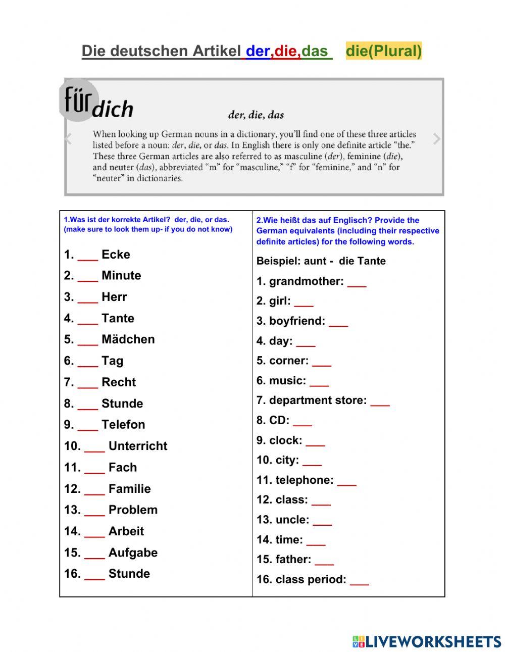 Die deutschen artikel der die das liveworksheets
