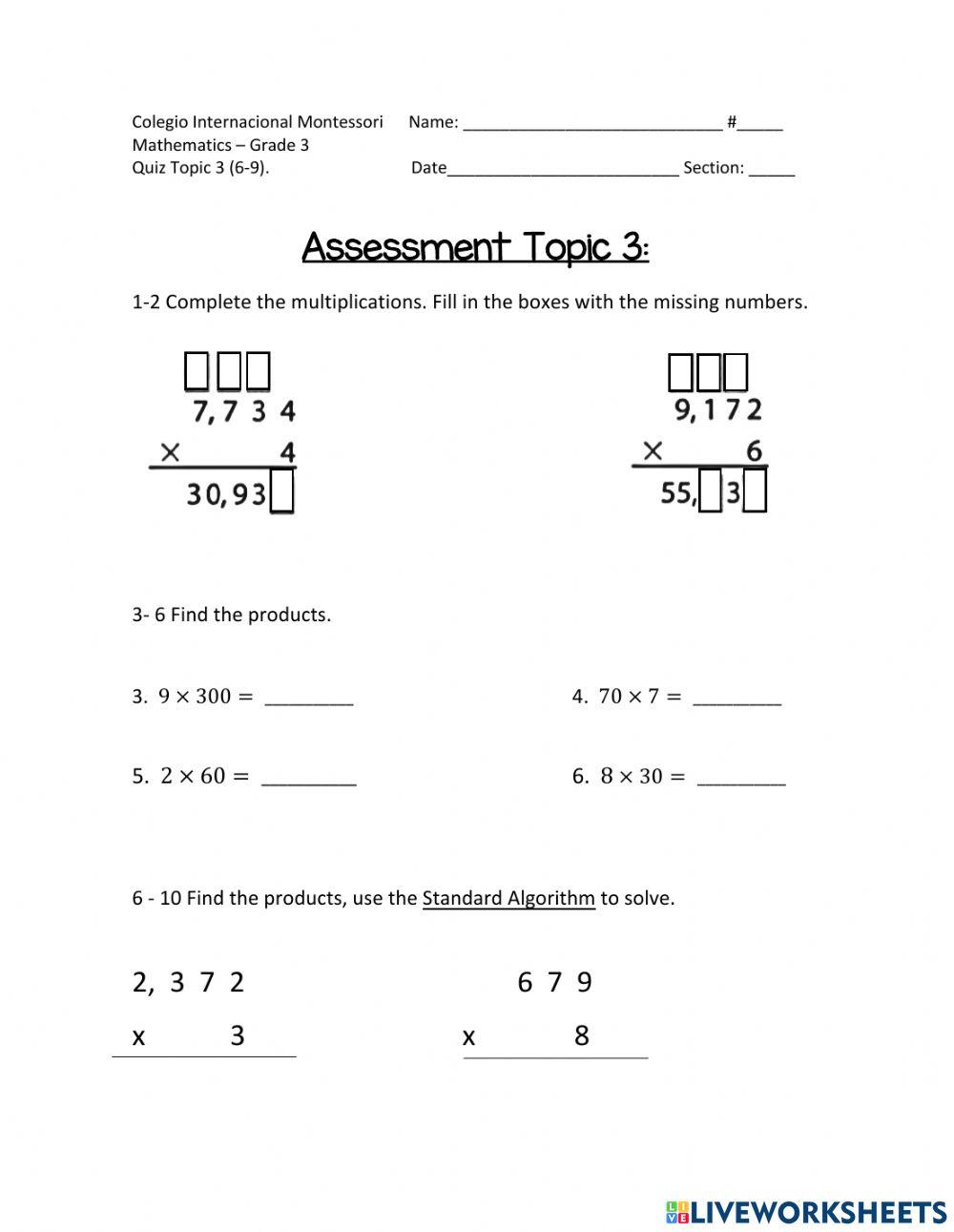 multiplication grade 3 liveworksheets
