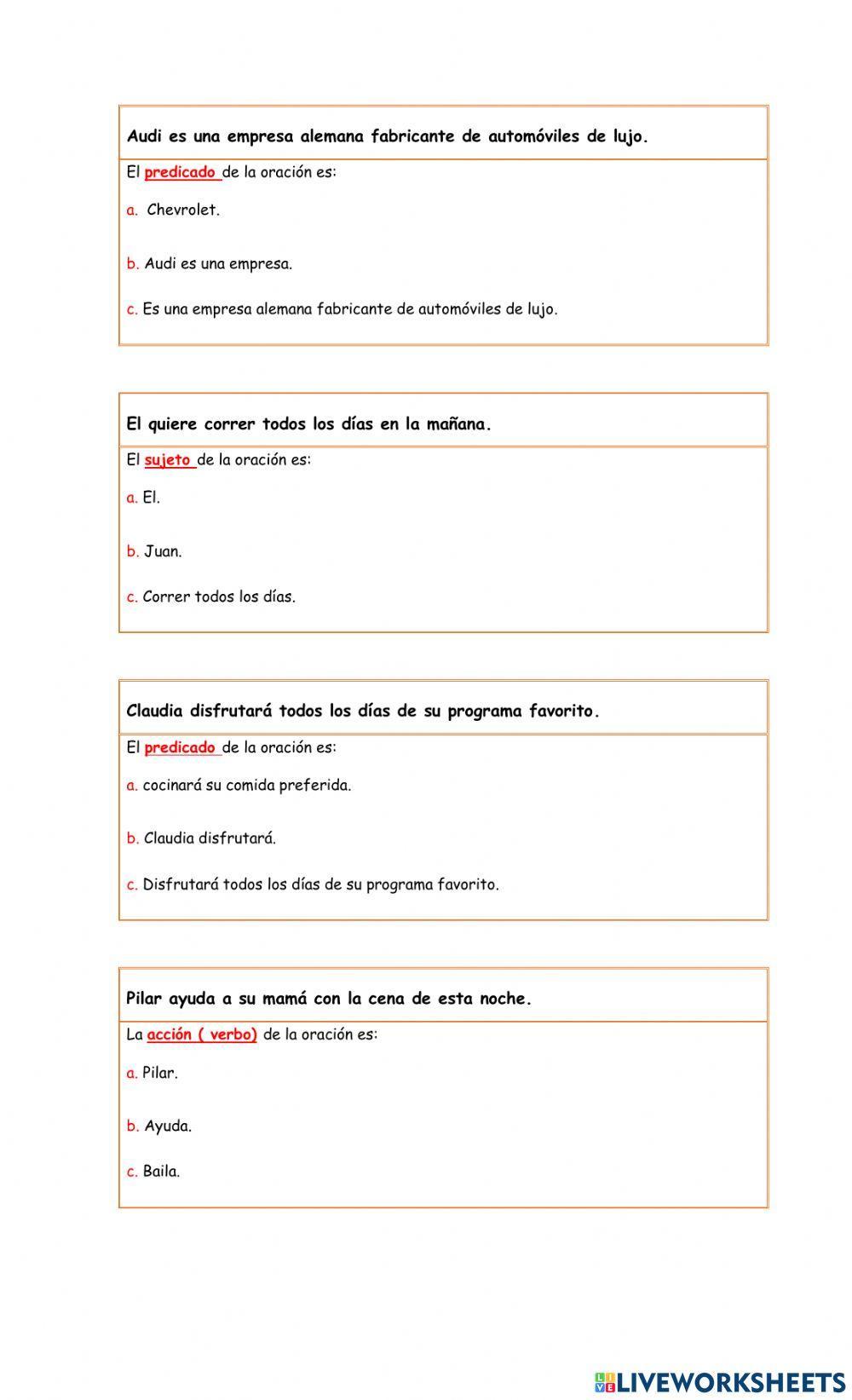 Taller sobre la oración gramatical