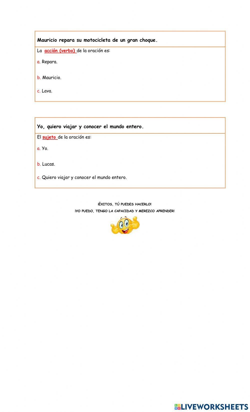 Taller sobre la oración gramatical