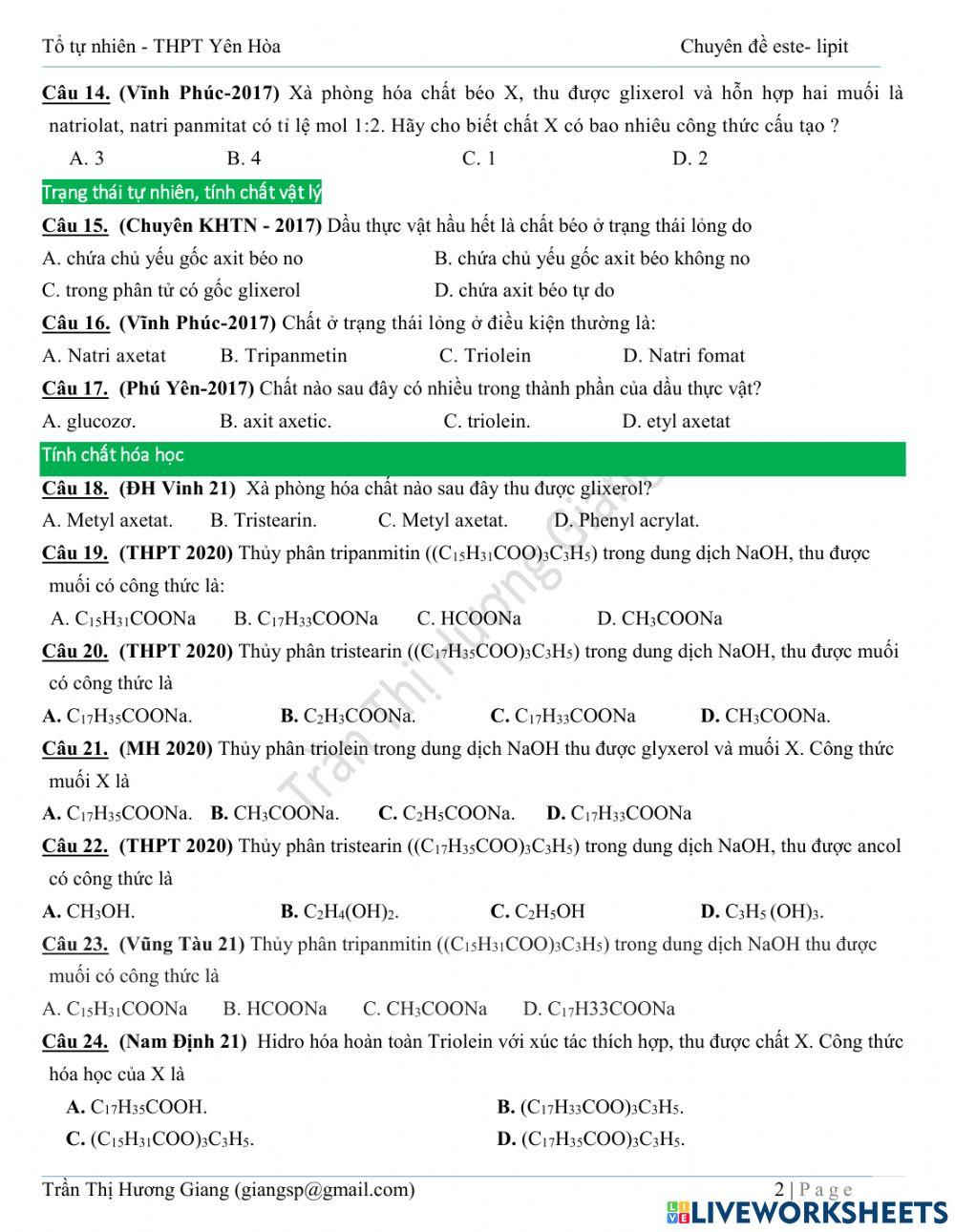 Trắc nghiệm lý thuyết chất béo cơ bản