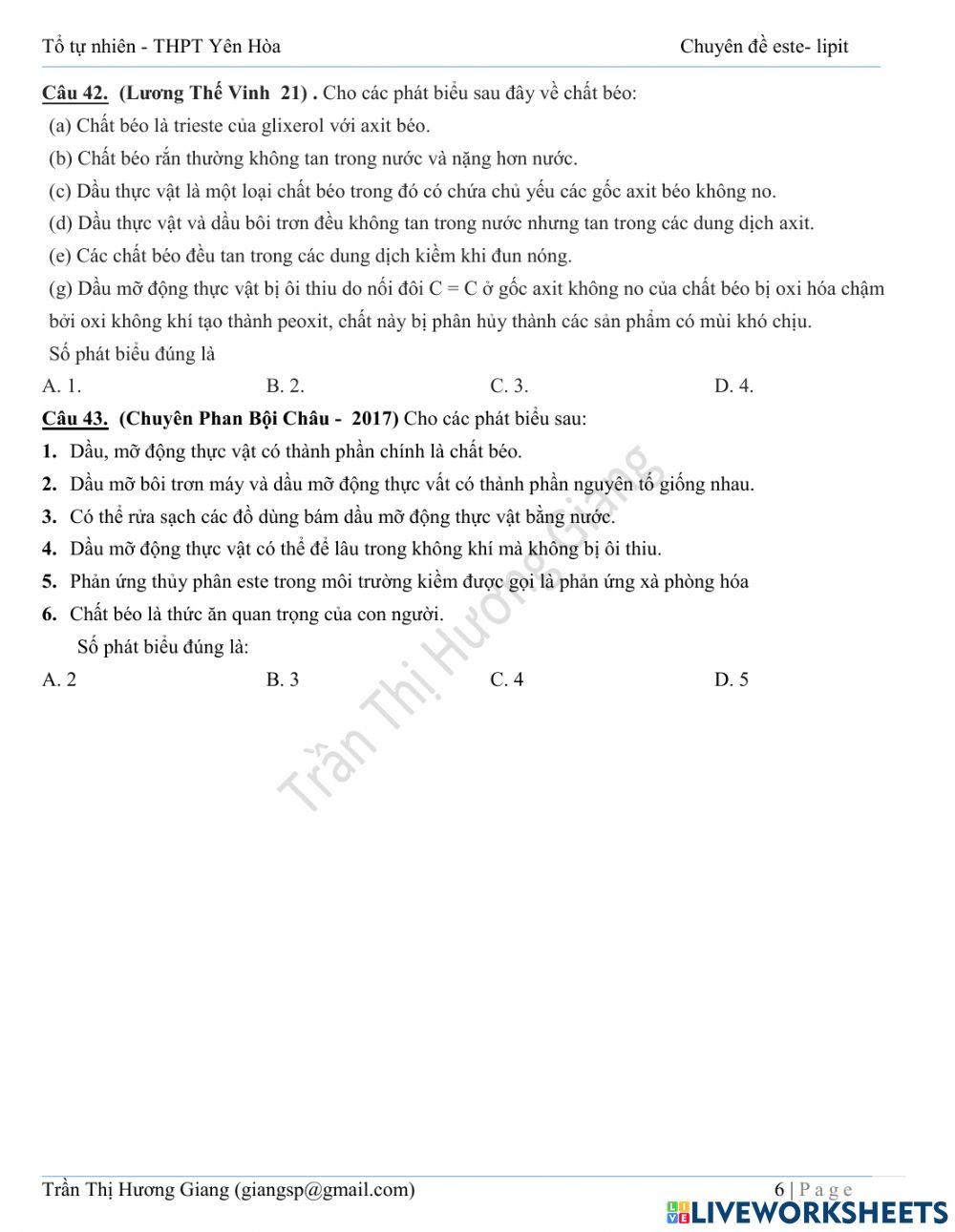 Trắc nghiệm lý thuyết chất béo cơ bản