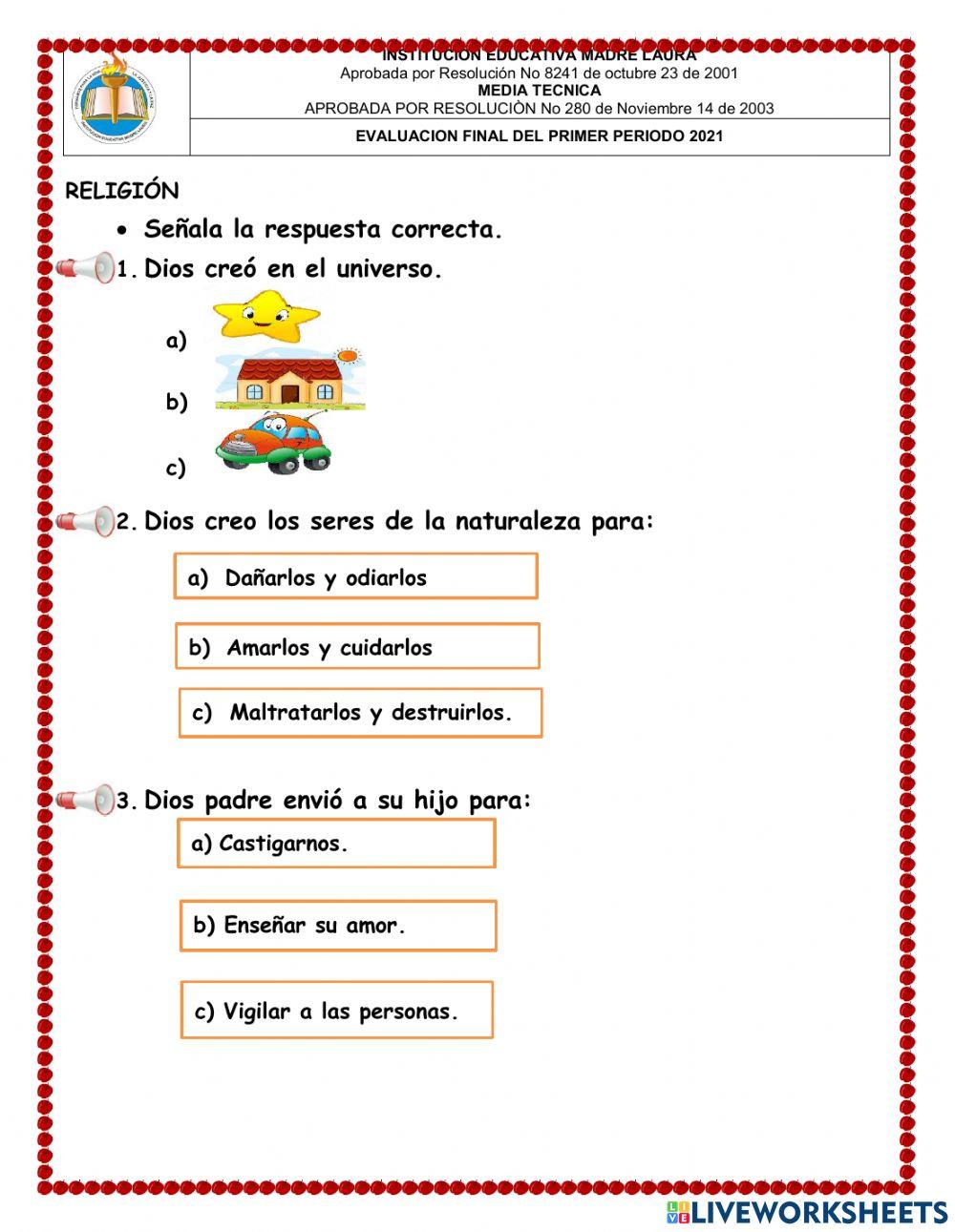 religion final primero primaria