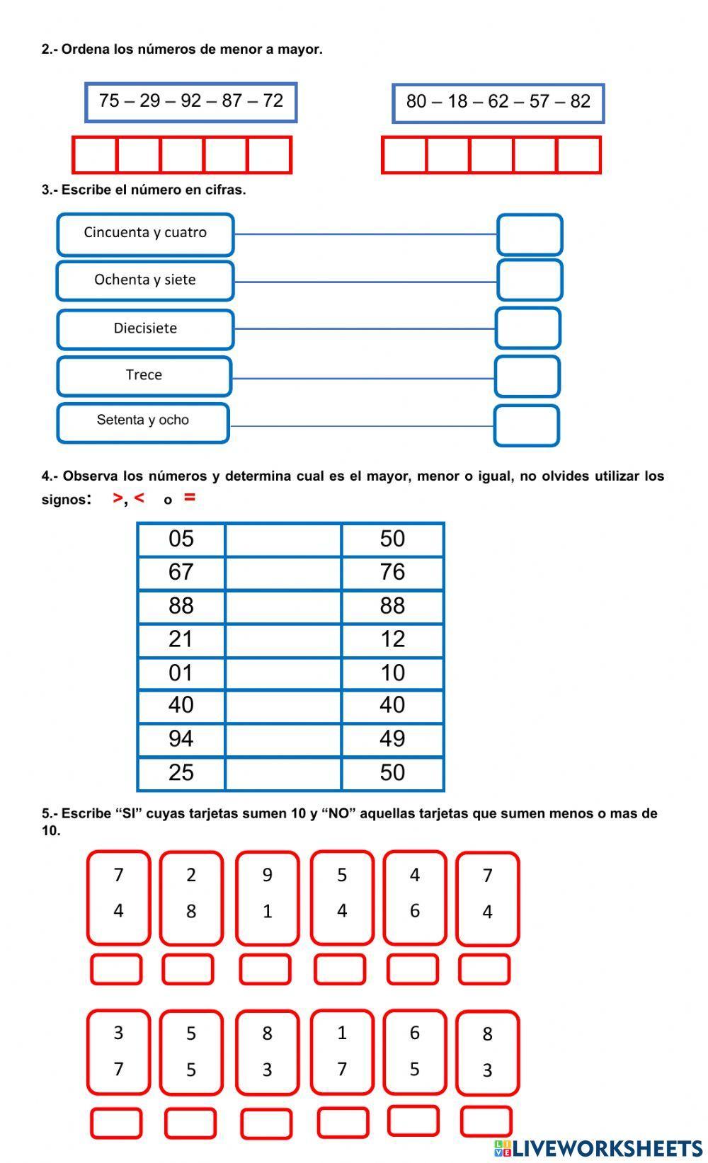 Evaluación d ematematica numeros hasta el 100