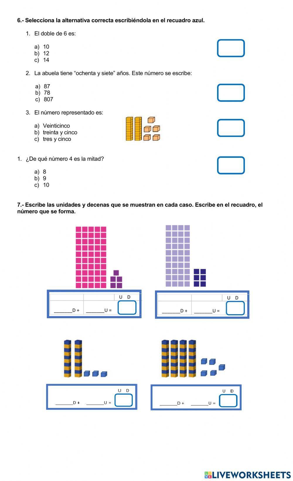 Evaluación d ematematica numeros hasta el 100