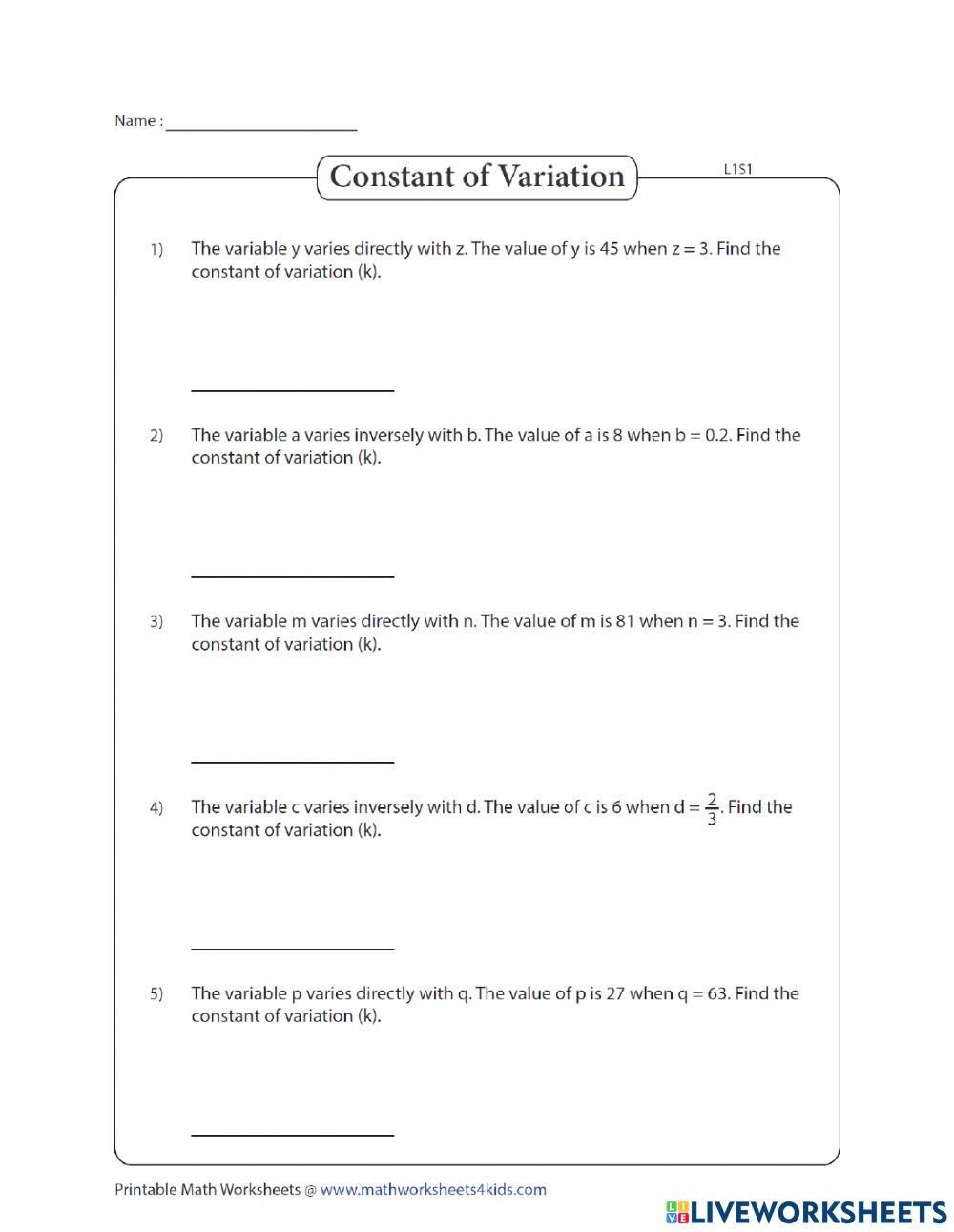 direct and inverse variation finding the constant (k) 5-14