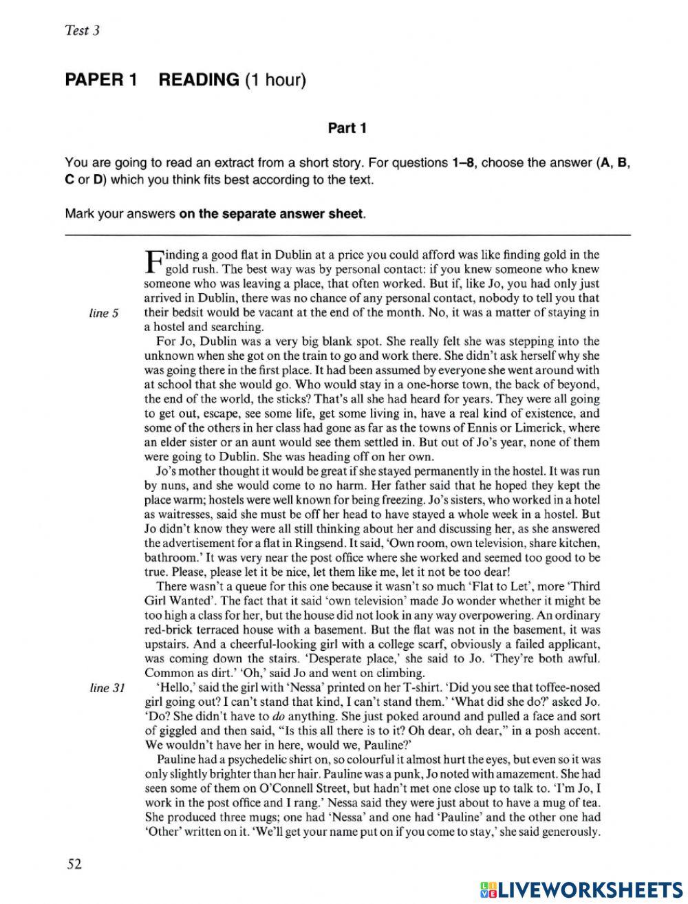 FCE. Paper 1. parts 5, 6 and 7