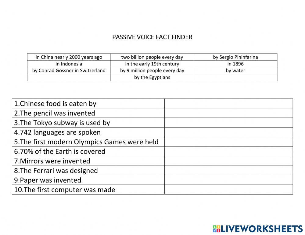 Passive Voice Fact Finder Worksheet Live Worksheets passive-voice-fact-finder-worksheet-live-worksheets