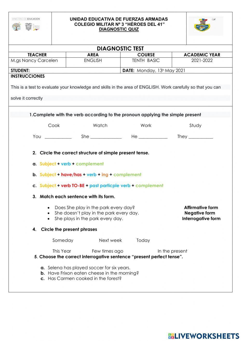 Content diagnostic test 10th