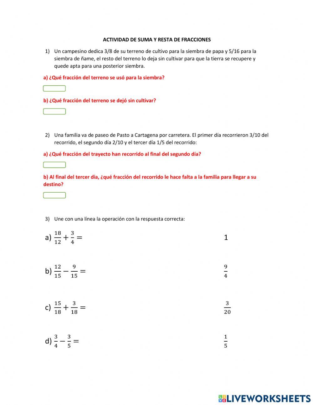 Actividad de suma y resta de fracciones
