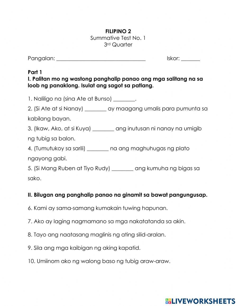 Filipino st1 PART 1 worksheet | Live Worksheets
