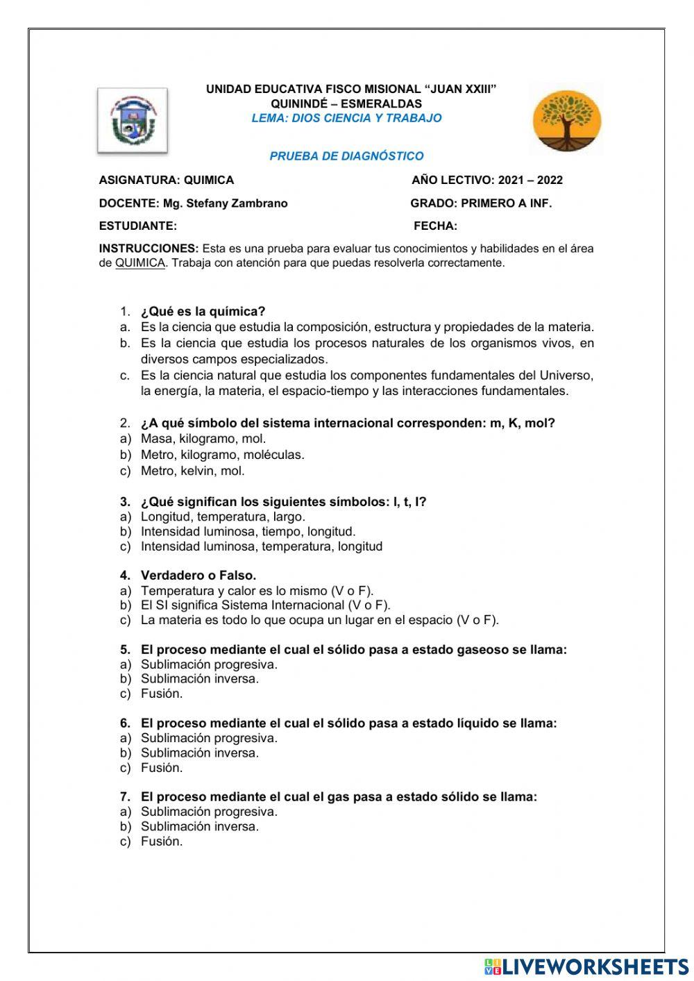 Prueba de diagnostico Quimica 1ro