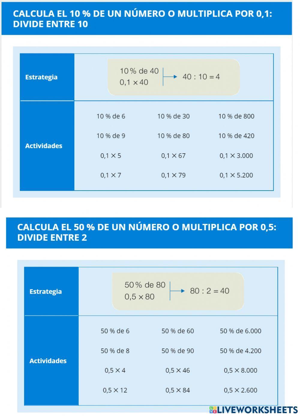 CÁLCULO MENTAL 6º: 11.1 Calcula el 10  por ciento y el 50 por ciento