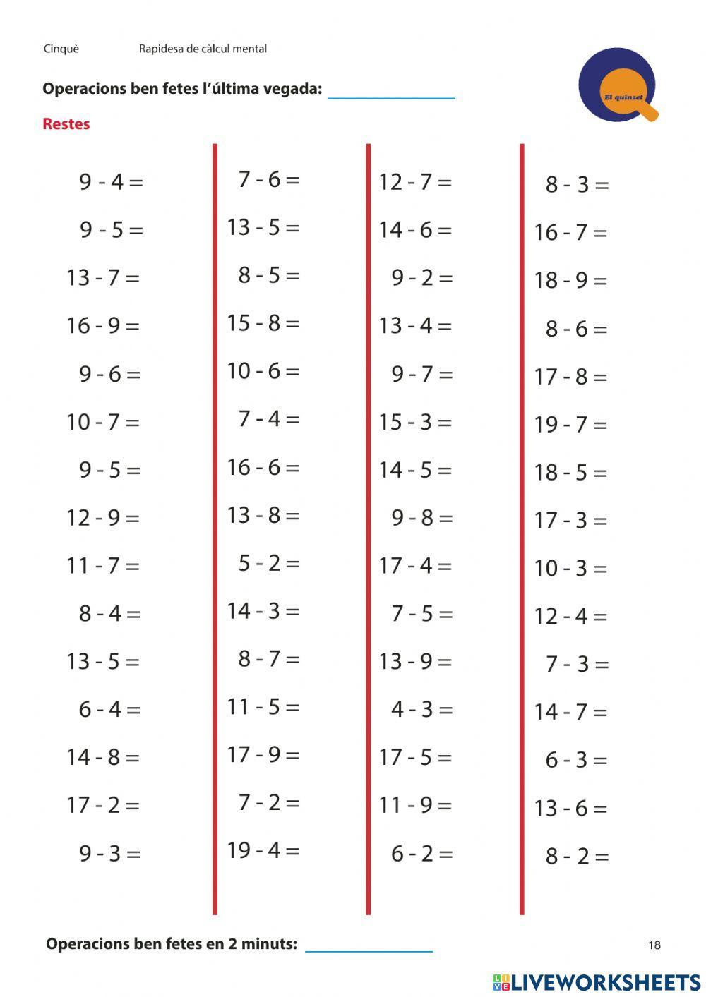 Càlcul ràpid restes nivell 5è. Quinzet