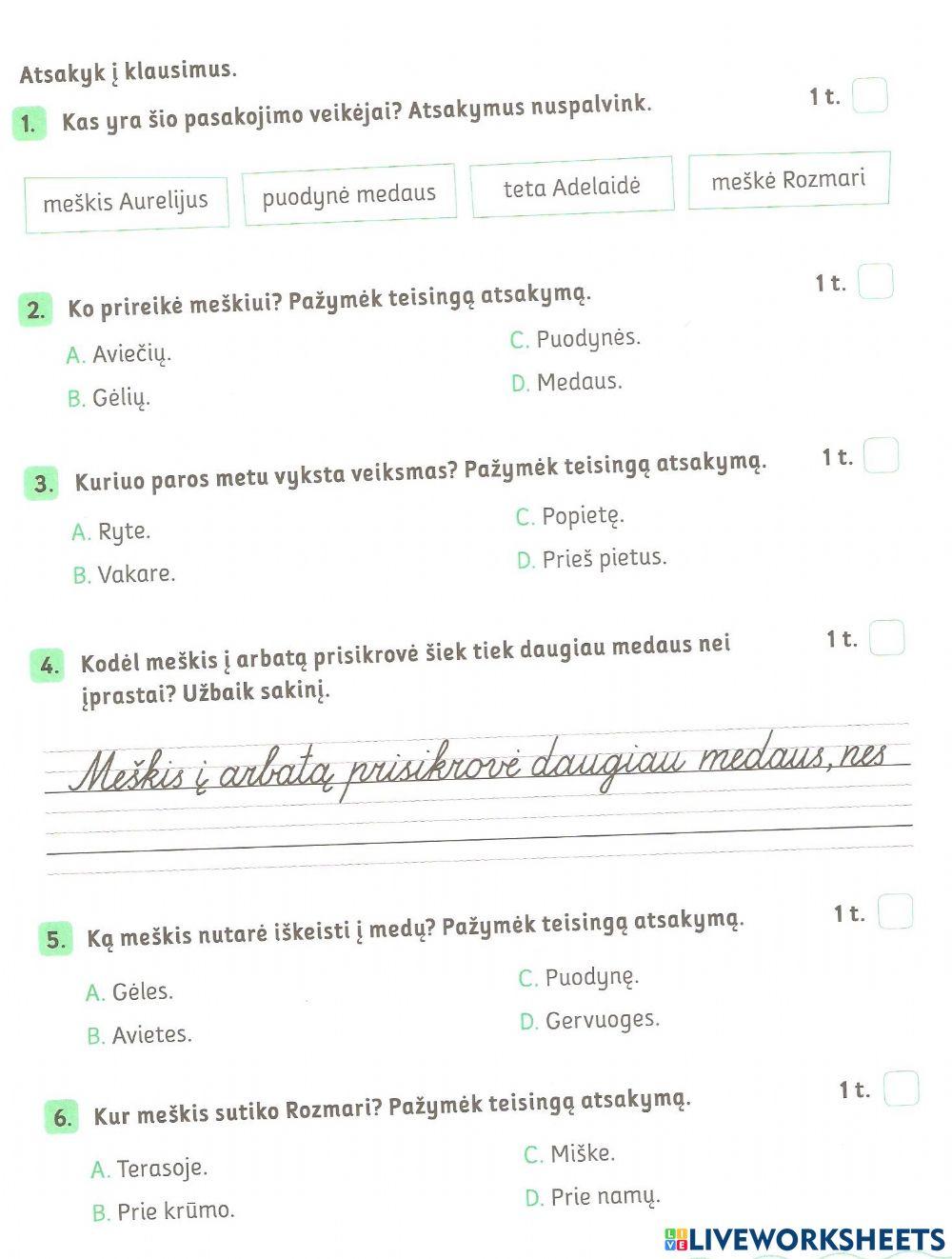 Pasitikrinamasis darbas. TEKSTO SUVOKIMAS  2 kl.