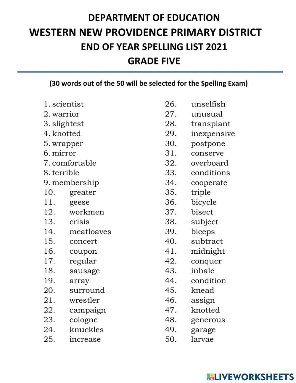 Language - List Words for Exam