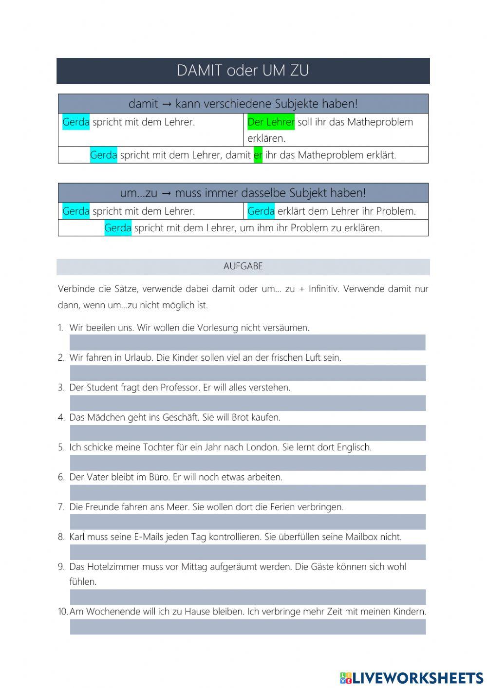 UM ZU oder DAMIT online exercise for Live Worksheets