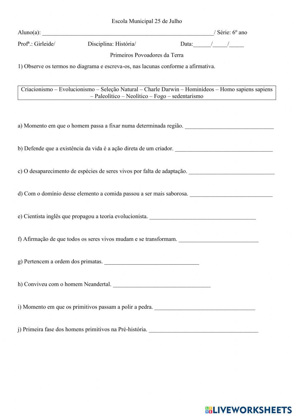 Primeiros Povoadores da Terra worksheet | Live Worksheets