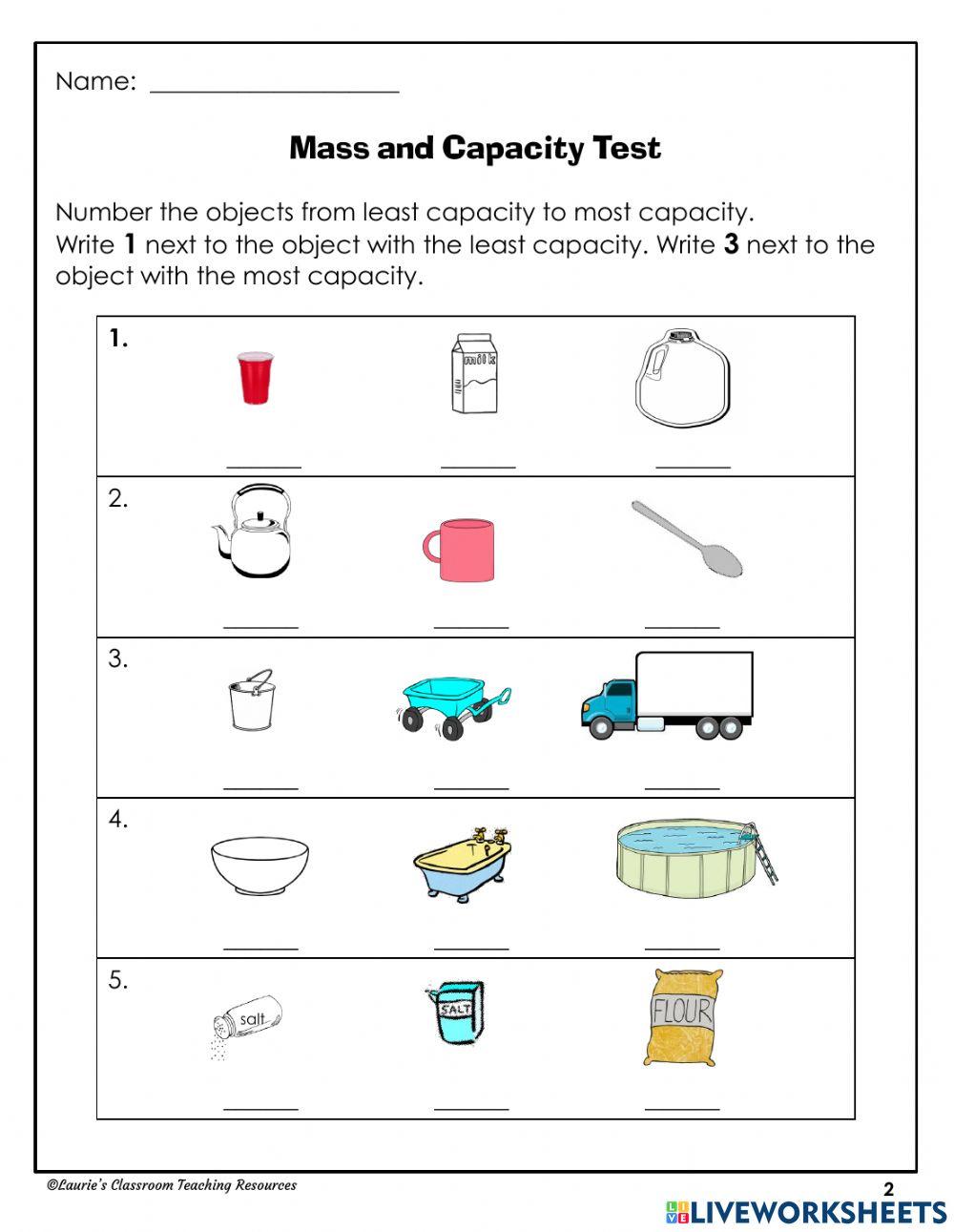 Mass and capacity online exercise for live worksheets