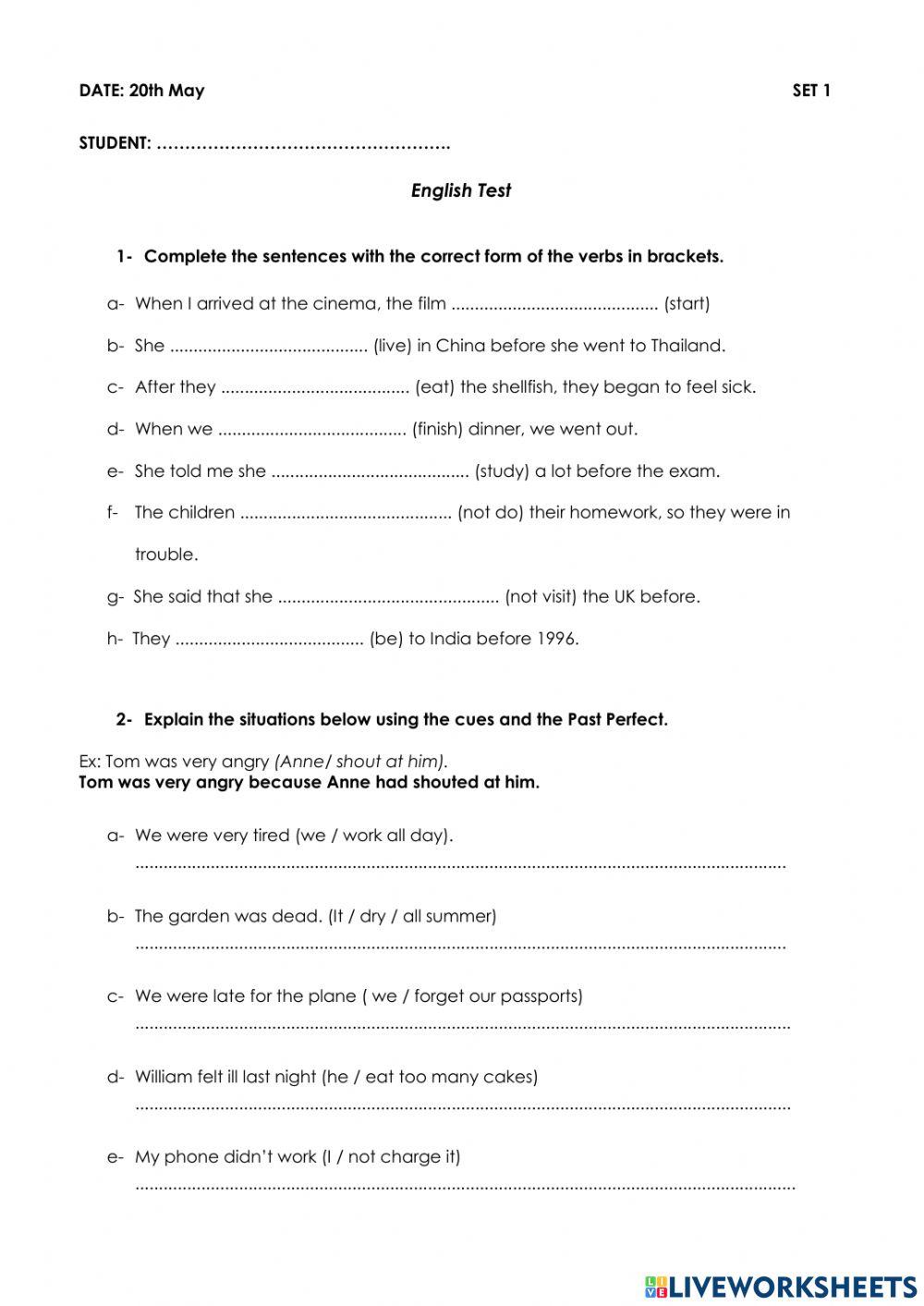 English Exam 5th Year - Past Perfect (SET 1)
