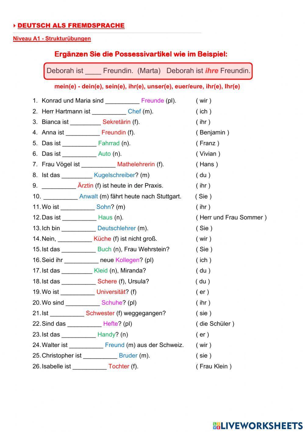 Die Possessivartikel - Arbeitsblatt 2