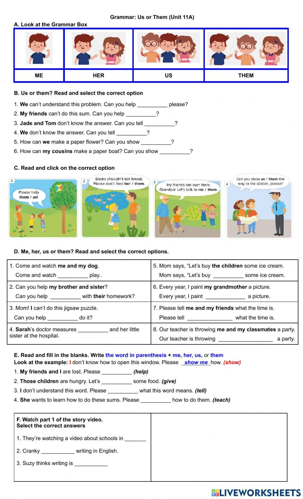 Grammar: Me. her, us, them (Unit 11A)