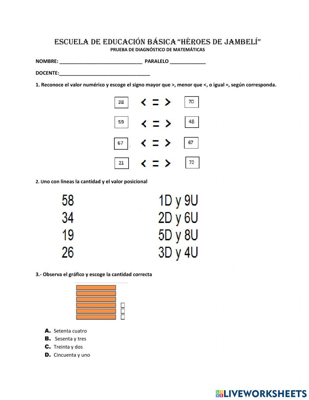 Prueba de diagnostico MATEMÁTICAS  2