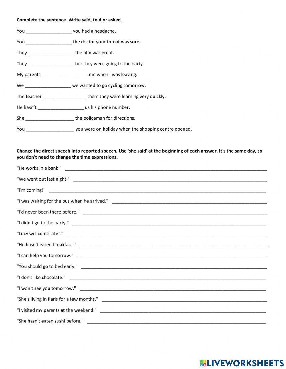 Reported speech exercise interactive worksheet | Live Worksheets