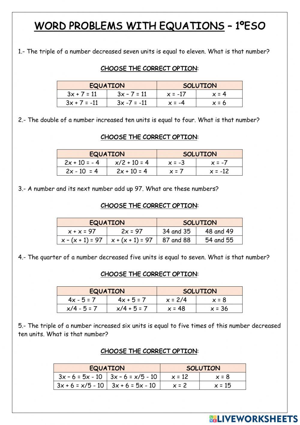 Word Problems With Equations