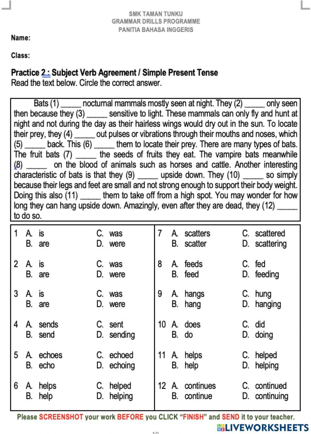 Subject Verb Agreement online worksheet for 3 | Live Worksheets