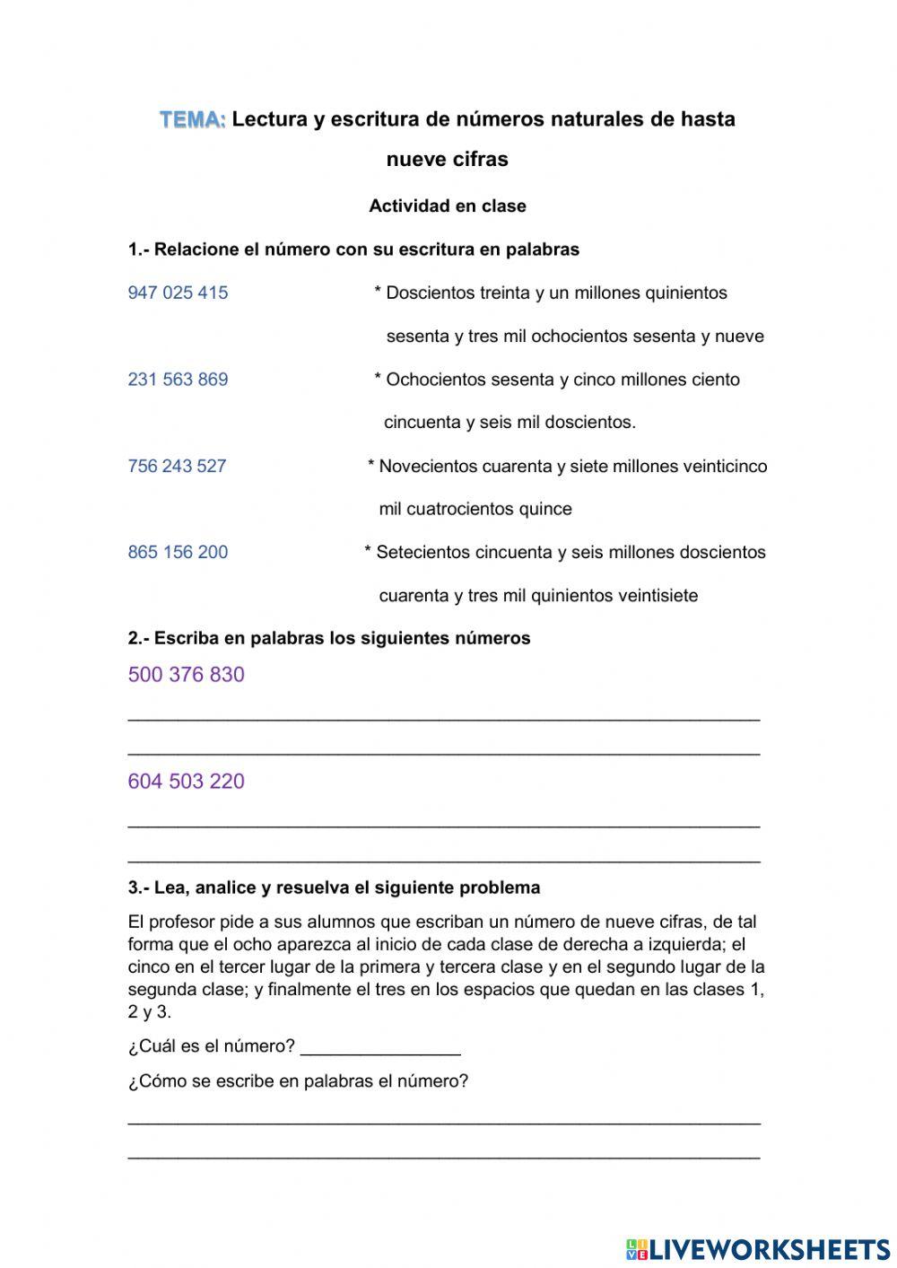 Lectura y escritura de números naturales de hasta nueve cifras
