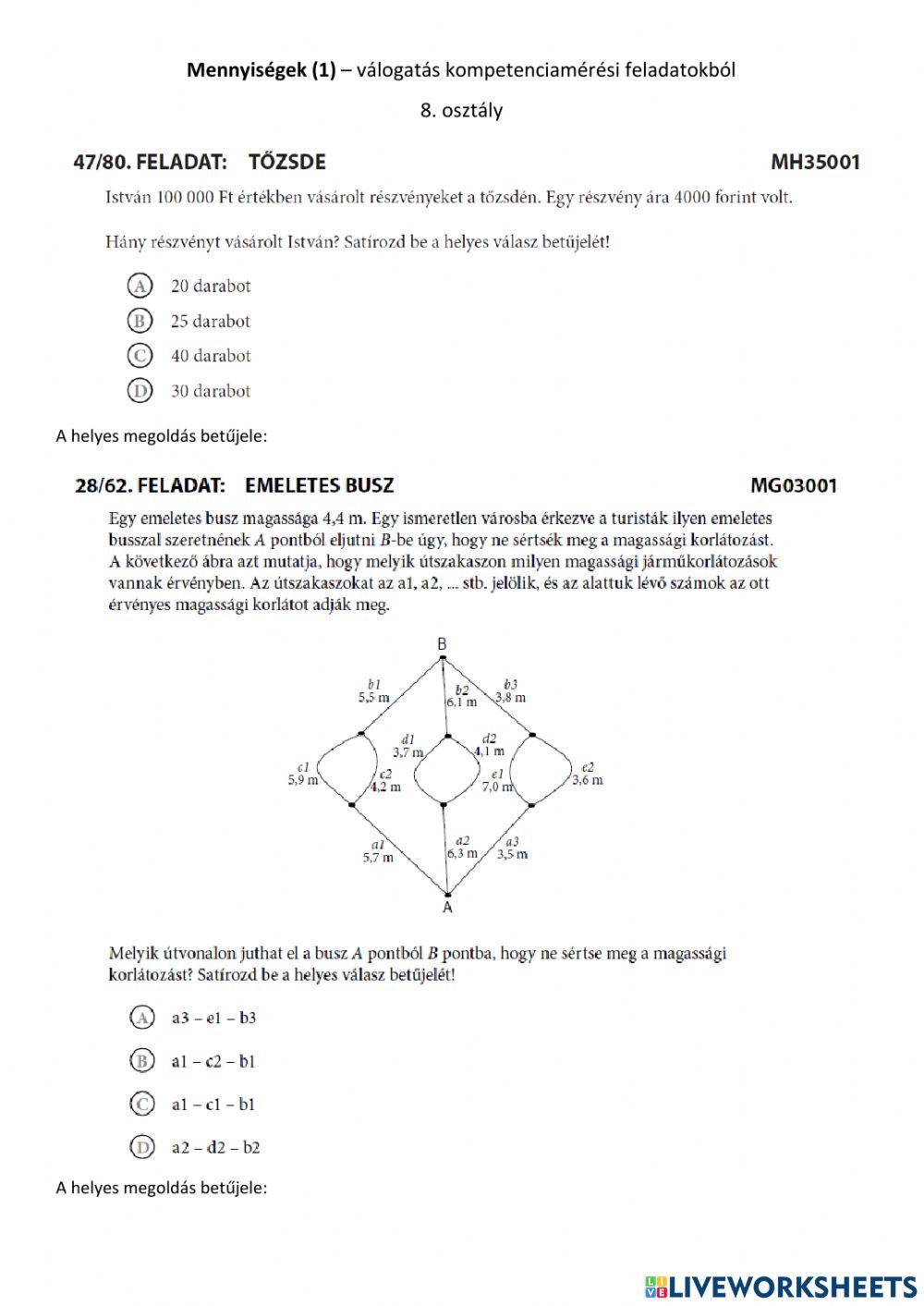 Mennyiségek (1) - válogatás kompetenciamérési feladatokból
