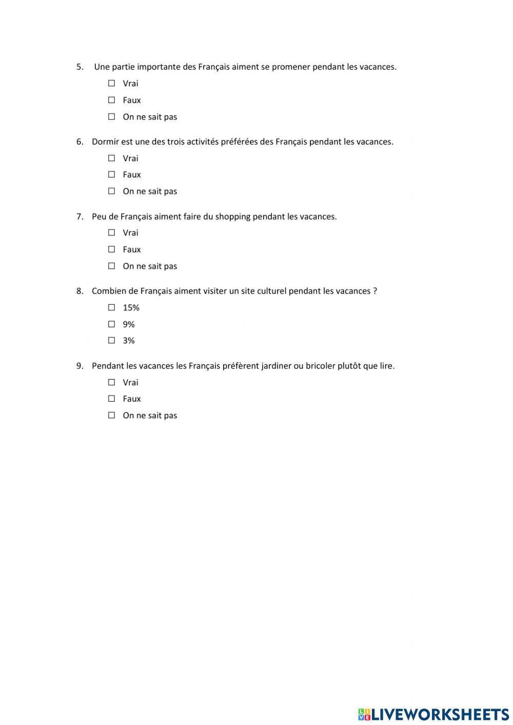 Sondage les activités de vacances préférées des Français