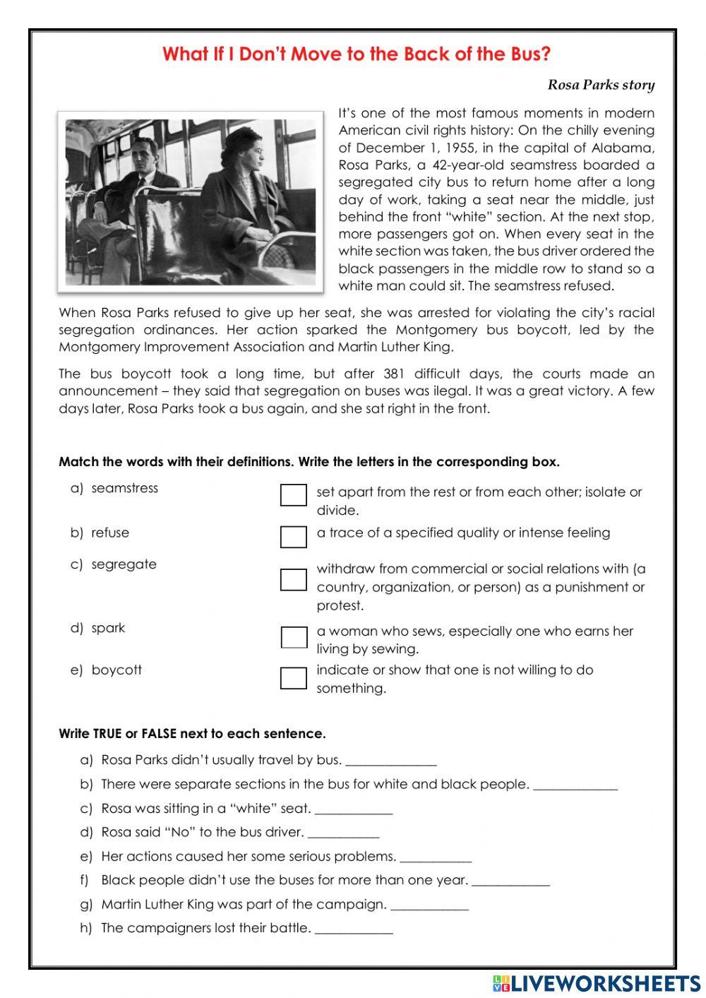 Rosa Parks' story interactive worksheet Live Worksheets